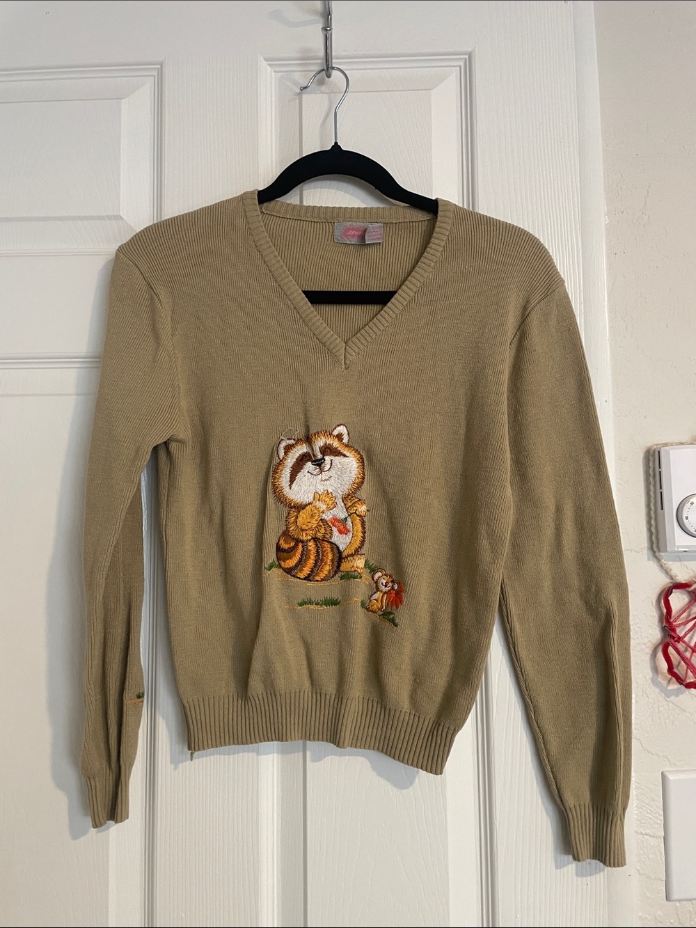JCPenney Vintage Tan V-Neck Sweater with Embroidered Raccoon and woodland mouse